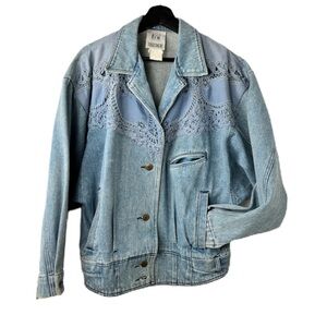 Vintage Together Y2K Lace Trim Denim Jacket size M Light Blue Blouson Cut Retro